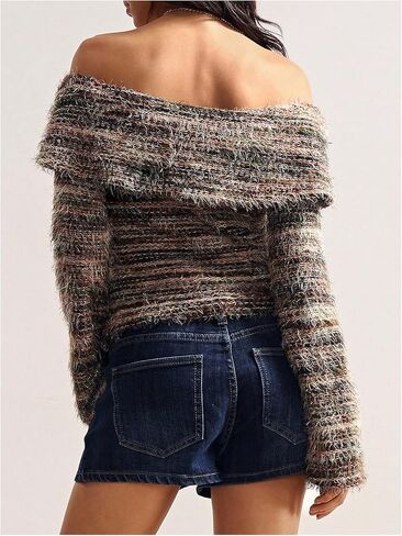 سترة نسائية مخططة بدون أكتاف من OYOANGLE، أكمام جرس، سترات محبوكة in Saudi Arabia