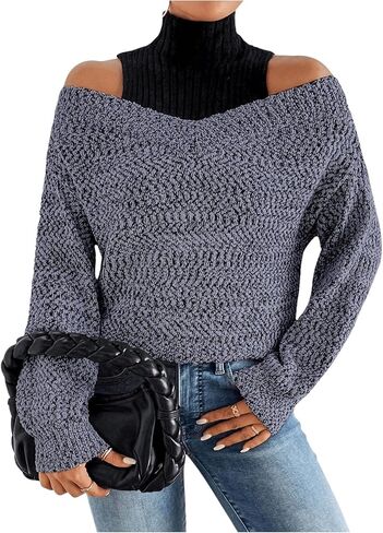MakeMeChic Women's Fall Fashion 2025 Cold Shoulder Sweaters Long Sleeve Knitted Oversized Turtleneck Sweaters in Saudi Arabia