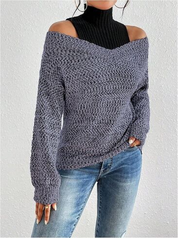 MakeMeChic Women's Fall Fashion 2025 Cold Shoulder Sweaters Long Sleeve Knitted Oversized Turtleneck Sweaters in Saudi Arabia