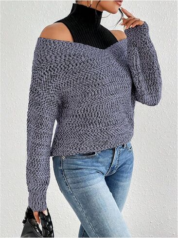 MakeMeChic Women's Fall Fashion 2025 Cold Shoulder Sweaters Long Sleeve Knitted Oversized Turtleneck Sweaters in Saudi Arabia