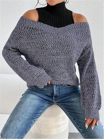 MakeMeChic Women's Fall Fashion 2025 Cold Shoulder Sweaters Long Sleeve Knitted Oversized Turtleneck Sweaters in Saudi Arabia