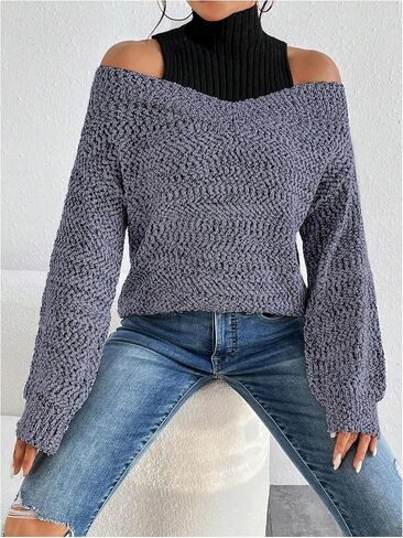 MakeMeChic Women's Fall Fashion 2025 Cold Shoulder Sweaters Long Sleeve Knitted Oversized Turtleneck Sweaters in Saudi Arabia