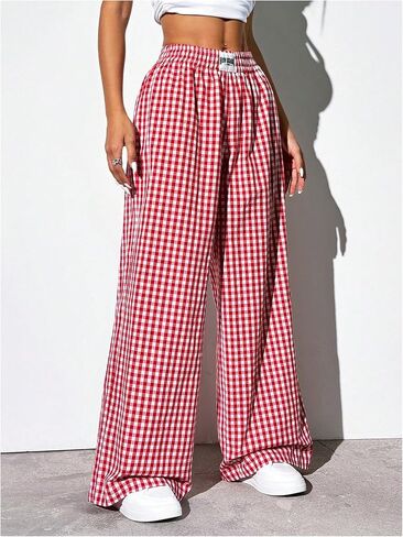 OYOANGLE Women's Gingham Wide Leg Y2K Long Pants in Saudi Arabia