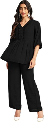 Janasya Indian Women's Chiffon Off White Self Design Casual Wear Co-ord Set for Women in Saudi Arabia