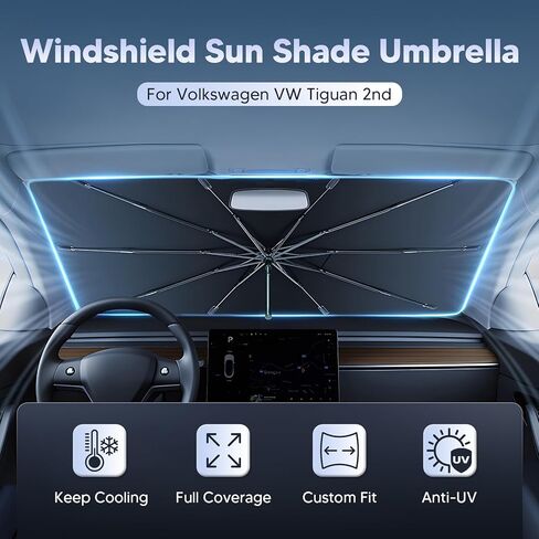 Autorder Windshield Sun Shade Umbrella for 2018-2025 Volkswagen VW Atlas/Atlas Cross Sport Accessories,Upgraded Ice Crystal Material,Easy Setup Umbrella Sunshade for Car Windshield,100% Sun Blocking in Kuwait