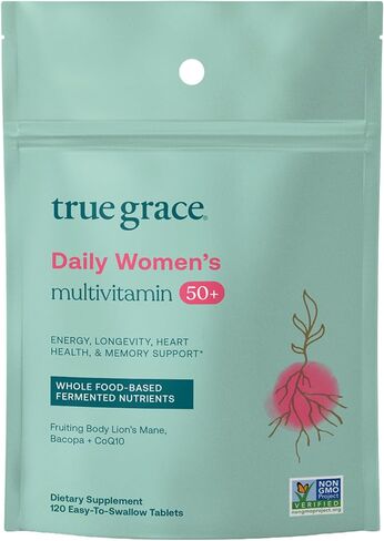 فيتامينات متعددة للنساء من True Grace Daily 50+ - 120 قرصًا سهل البلع - دعم المناعة والطاقة وطول العمر والذاكرة - خالي من الغلوتين والصويا والحديد ونباتي - 60 وجبة in Kuwait