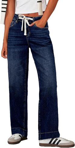 Sidefeel Women's Wide Leg Jeans High Waisted Stretchy Straight Leg Baggy Drawstring Denim Pants with Pockets in Kuwait