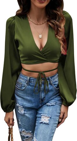 Women's Satin Wrap V Neck Criss Cross Tie Long Sleeve Crop Blouse Top in Saudi Arabia