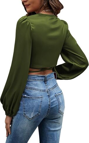 Women's Satin Wrap V Neck Criss Cross Tie Long Sleeve Crop Blouse Top in Saudi Arabia