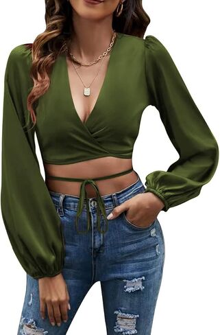 Women's Satin Wrap V Neck Criss Cross Tie Long Sleeve Crop Blouse Top in Saudi Arabia