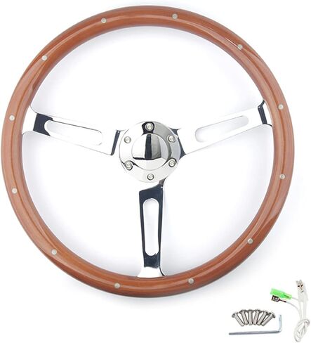 عجلة قيادة MR HELLO مقاس 15 بوصة كلاسيكية مصنوعة من الخشب الأسود و3 قضبان مثبتة 380 مم و6 براغي مع زر قرن (فتحة طويلة) in Kuwait