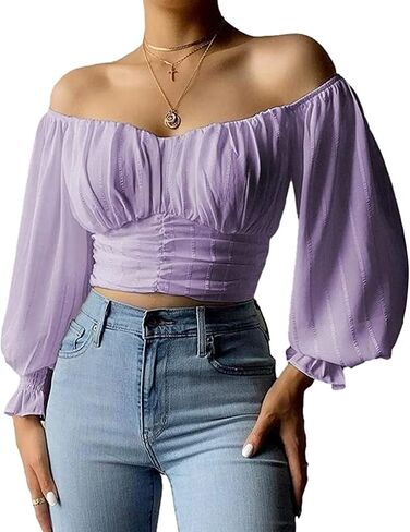 Womens Elegant Off The Shoulder Puff Sleeve Blouse Summer Chiffon Slim Fit Party Crop Top in Saudi Arabia