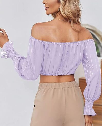 Womens Elegant Off The Shoulder Puff Sleeve Blouse Summer Chiffon Slim Fit Party Crop Top in Saudi Arabia