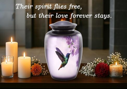 تشمل جرة Hummingbird Heart remsake من الرماد البشري - جرة رمزية مطلية باليد مع الطائر الطنان - موقفًا وحقيبة متميزة وحقيبة مخملية - هدية ميني التذكارية للنساء والرجال in Kuwait