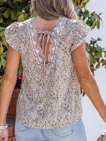 CUPSHE Women's Floral V Neck Lace Blouse Short Sleeve Ruffle Sleeve Summer Tops Casual Loose Fit Shirt in Saudi Arabia