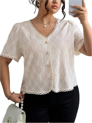 SHENHE Women's Plus Size Summer Dressy Casual Eyelet Top Lace Pearl Button Up Short Sleeve Blouse in Saudi Arabia