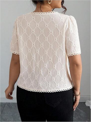 SHENHE Women's Plus Size Summer Dressy Casual Eyelet Top Lace Pearl Button Up Short Sleeve Blouse in Saudi Arabia