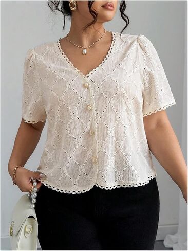 SHENHE Women's Plus Size Summer Dressy Casual Eyelet Top Lace Pearl Button Up Short Sleeve Blouse in Saudi Arabia