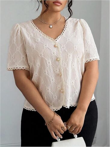 SHENHE Women's Plus Size Summer Dressy Casual Eyelet Top Lace Pearl Button Up Short Sleeve Blouse in Saudi Arabia