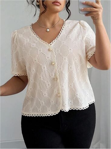 SHENHE Women's Plus Size Summer Dressy Casual Eyelet Top Lace Pearl Button Up Short Sleeve Blouse in Saudi Arabia