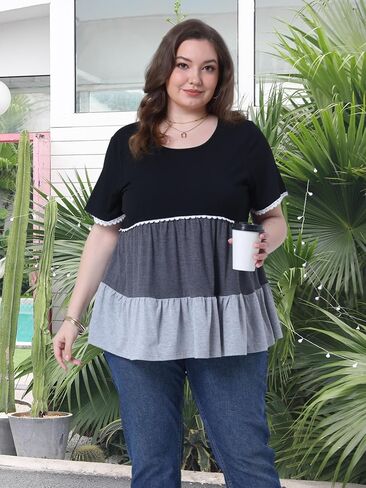 Agnes Orinda Women's Plus Size Babydoll Ruffle Tops Tiered Chic Short Sleeve Casual Loose Flowy Swing Blouses in Saudi Arabia