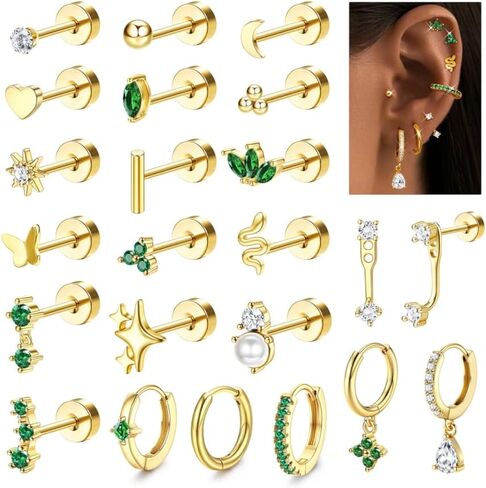 Florideco 23Pcs Hypoallergenic Flat Back Earrings for Sensitive Ears 20G Surgical Stainless Steel Earrings Women Trendy Earring Stacks Small Stud Hoop Cartilage Earring Sets for Multiple Piercing in Saudi Arabia