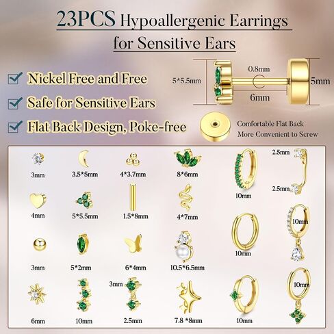 Florideco 23Pcs Hypoallergenic Flat Back Earrings for Sensitive Ears 20G Surgical Stainless Steel Earrings Women Trendy Earring Stacks Small Stud Hoop Cartilage Earring Sets for Multiple Piercing in Saudi Arabia