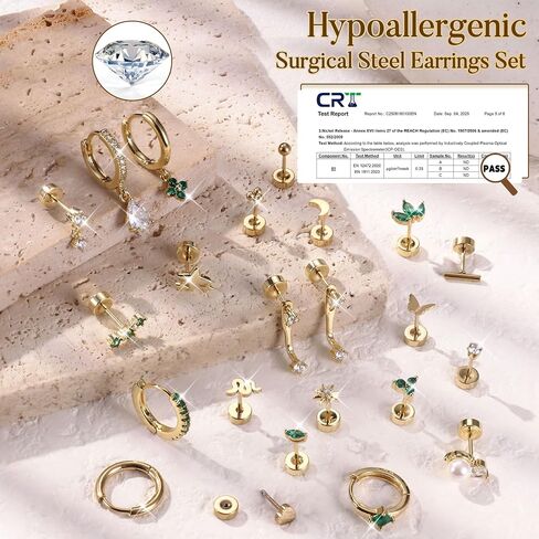 Florideco 23Pcs Hypoallergenic Flat Back Earrings for Sensitive Ears 20G Surgical Stainless Steel Earrings Women Trendy Earring Stacks Small Stud Hoop Cartilage Earring Sets for Multiple Piercing in Saudi Arabia