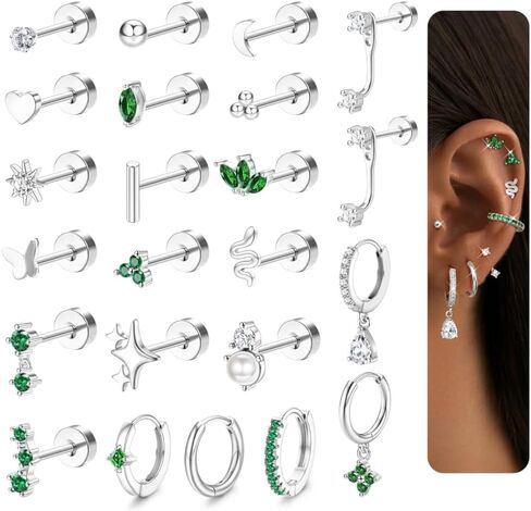 Florideco 23Pcs Hypoallergenic Flat Back Earrings for Sensitive Ears 20G Surgical Stainless Steel Earrings Women Trendy Earring Stacks Small Stud Hoop Cartilage Earring Sets for Multiple Piercing in Saudi Arabia