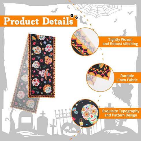 Day of The Dead Table Runner, Dia De Los Muertos Decorations, Sugar Skull Table Cloths for Altar Kitcken Dining Room Home Decor, Mexican Festival Party Supplies (70.8“ x 13.8") in Saudi Arabia