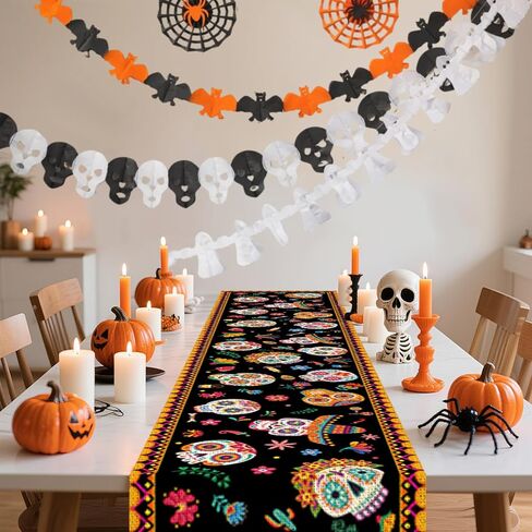 Day of The Dead Table Runner, Dia De Los Muertos Decorations, Sugar Skull Table Cloths for Altar Kitcken Dining Room Home Decor, Mexican Festival Party Supplies (70.8“ x 13.8") in Saudi Arabia