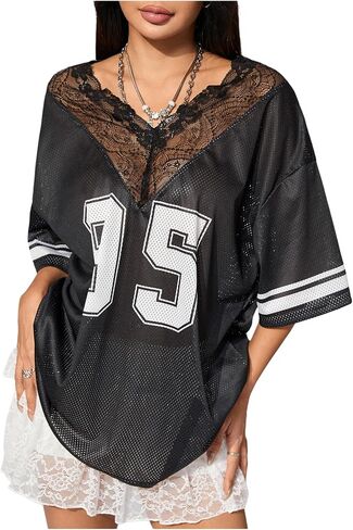 SweatyRocks Women's Half Sleeve Loose T Shirt Lace V Neck Graphic Tee Number Shirt in Saudi Arabia