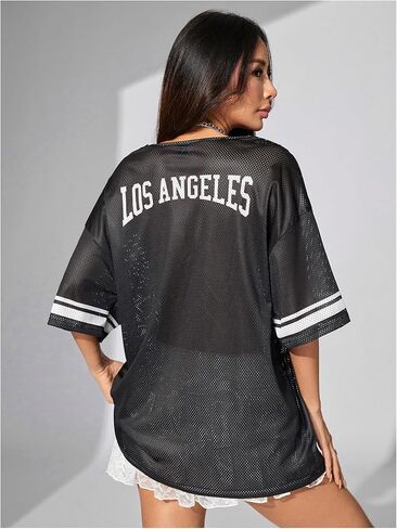 SweatyRocks Women's Half Sleeve Loose T Shirt Lace V Neck Graphic Tee Number Shirt in Saudi Arabia
