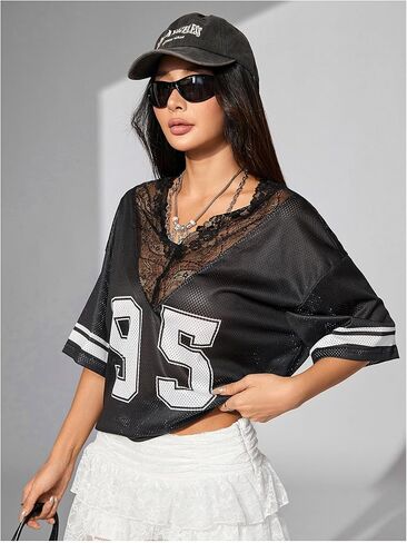 SweatyRocks Women's Half Sleeve Loose T Shirt Lace V Neck Graphic Tee Number Shirt in Saudi Arabia