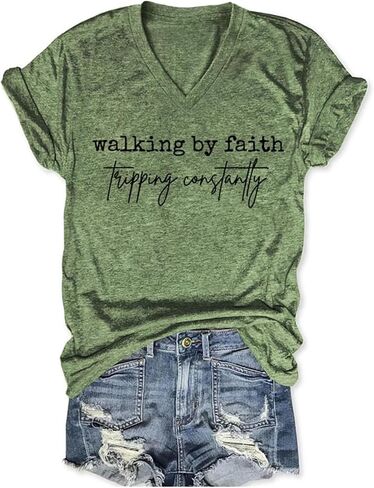Christian Shirts for Women Faith Inspirational Tee Walking by Faith Tripping T Shirt Religious T-Shirt Short Sleeve in Saudi Arabia