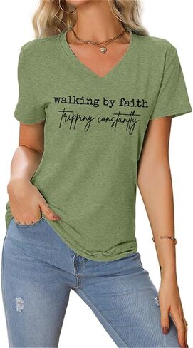 Christian Shirts for Women Faith Inspirational Tee Walking by Faith Tripping T Shirt Religious T-Shirt Short Sleeve in Saudi Arabia