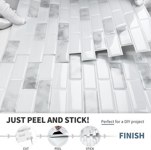 DEWOO Kitchen Backsplash Self Adhesive Wall 3D Marble Tiles Peel and Stick Bathroom, Grey (10-Sheet, 12"×12") in Saudi Arabia