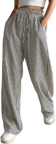 chouyatou Women's Casual Striped Wide Leg Pants Drawstring Elastic Waist Dress Palazzo Pants with Pockets in Saudi Arabia