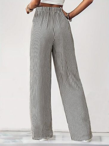 chouyatou Women's Casual Striped Wide Leg Pants Drawstring Elastic Waist Dress Palazzo Pants with Pockets in Saudi Arabia