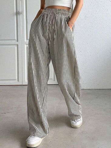 chouyatou Women's Casual Striped Wide Leg Pants Drawstring Elastic Waist Dress Palazzo Pants with Pockets in Saudi Arabia