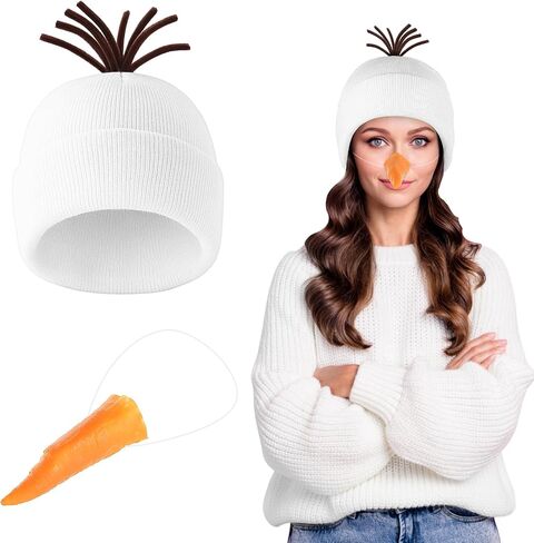 Toulite 2 Pcs Snowman Cosplay Costume Unisex White Beanie Knit Hats and Orange Carrot Nose Christmas Halloween Funny Snowman Accessory for Winter Holiday Cosplay Party in Saudi Arabia