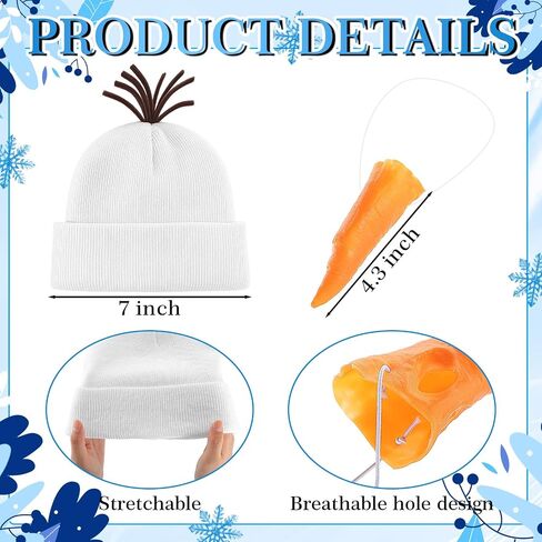 Toulite 2 Pcs Snowman Cosplay Costume Unisex White Beanie Knit Hats and Orange Carrot Nose Christmas Halloween Funny Snowman Accessory for Winter Holiday Cosplay Party in Saudi Arabia