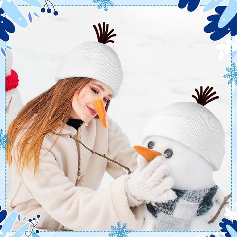Toulite 2 Pcs Snowman Cosplay Costume Unisex White Beanie Knit Hats and Orange Carrot Nose Christmas Halloween Funny Snowman Accessory for Winter Holiday Cosplay Party in Saudi Arabia