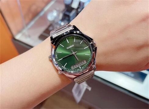 Casio MTP-VC01D-3E Men's Stainless Steel Green Dial Analog Digital Dual Time Zone Watch in Saudi Arabia