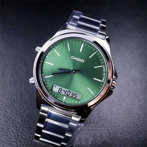 Casio MTP-VC01D-3E Men's Stainless Steel Green Dial Analog Digital Dual Time Zone Watch in Saudi Arabia