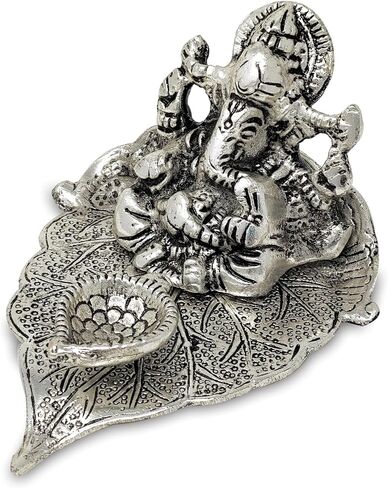NOBILITY German Silver Ganesha on Leaf Statue Ganesh Idol with Diya for Home Office Pooja Puja Diwali Decorative Wedding Return Gift Items in Saudi Arabia