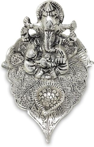 NOBILITY German Silver Ganesha on Leaf Statue Ganesh Idol with Diya for Home Office Pooja Puja Diwali Decorative Wedding Return Gift Items in Saudi Arabia