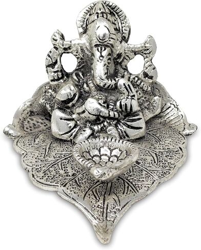NOBILITY German Silver Ganesha on Leaf Statue Ganesh Idol with Diya for Home Office Pooja Puja Diwali Decorative Wedding Return Gift Items in Saudi Arabia