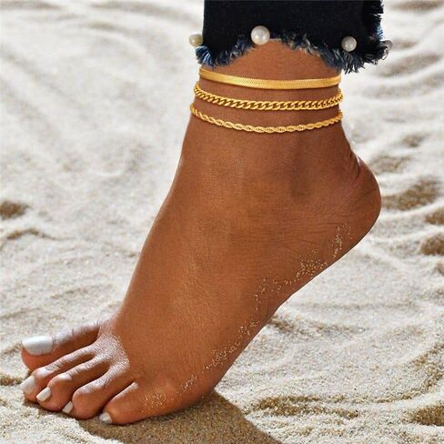 Gold Anklets for Women Waterproof 14k Gold Plated Cuban Link Anklets Non Tarnish Rope Herringbone Ankle Chain Summer Beach Jewelry Gifts for Women in Kuwait