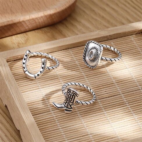 NewZenro 3 قطع رعاة البقر الغربية التراص خواتم مجموعة للنساء الرجال خمر بوهو راعية البقر قبعة التمهيد حدوة الحصان تكويم بيان إصبع الفرقة خواتم الراحة صالح البلد حفلة موسيقية عطلة مجوهرات حجم 7 in Saudi Arabia